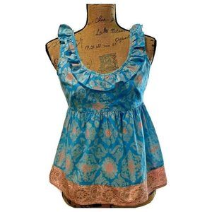 NEW Anthropologie Top 4 EDME ESYLLTE Masala Blue Rose Pink Empire Ruffle CUTE